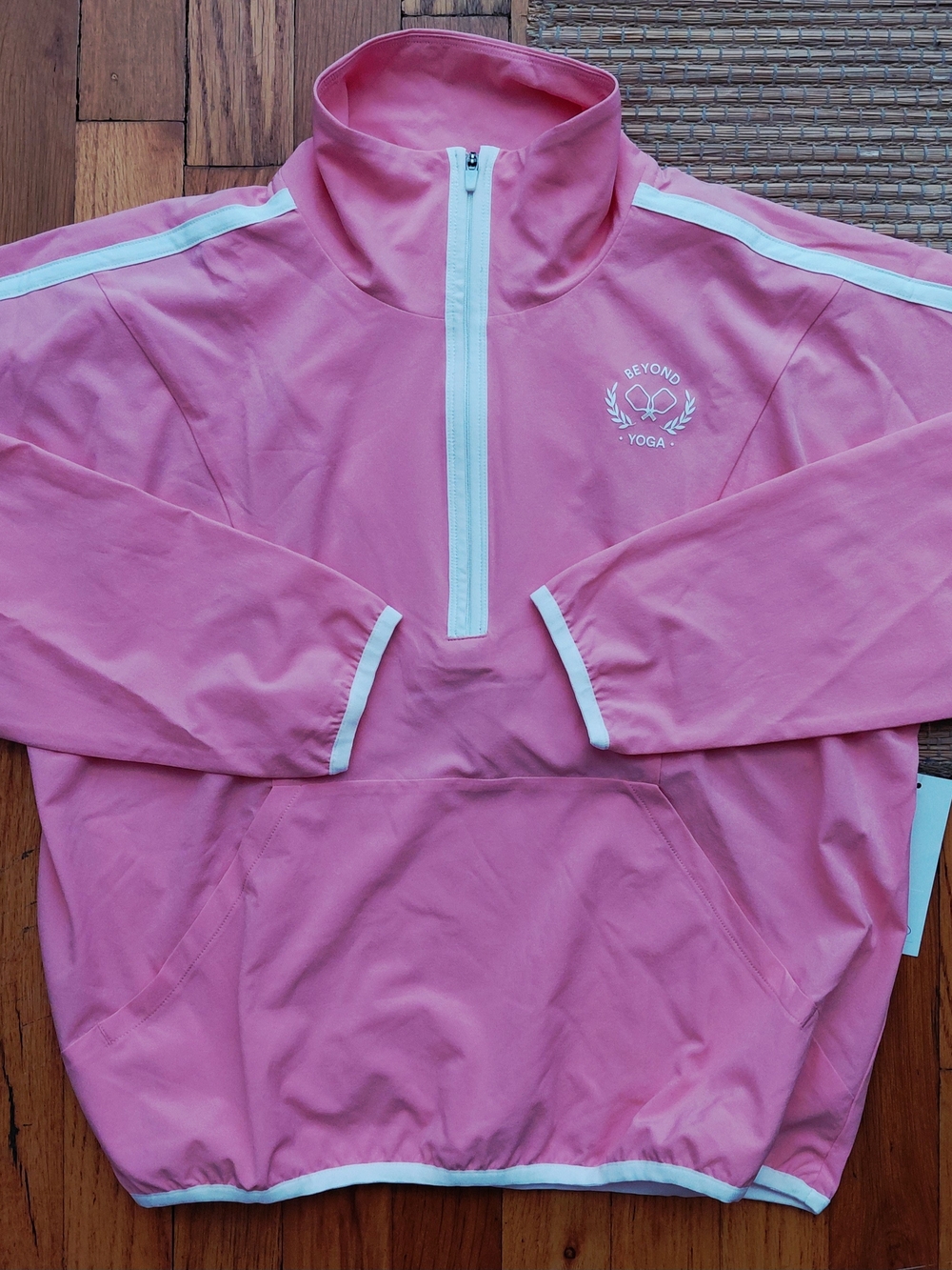 Beyond Yoga Girls' Pink Half-Zip Puffer Jacket with White Trim